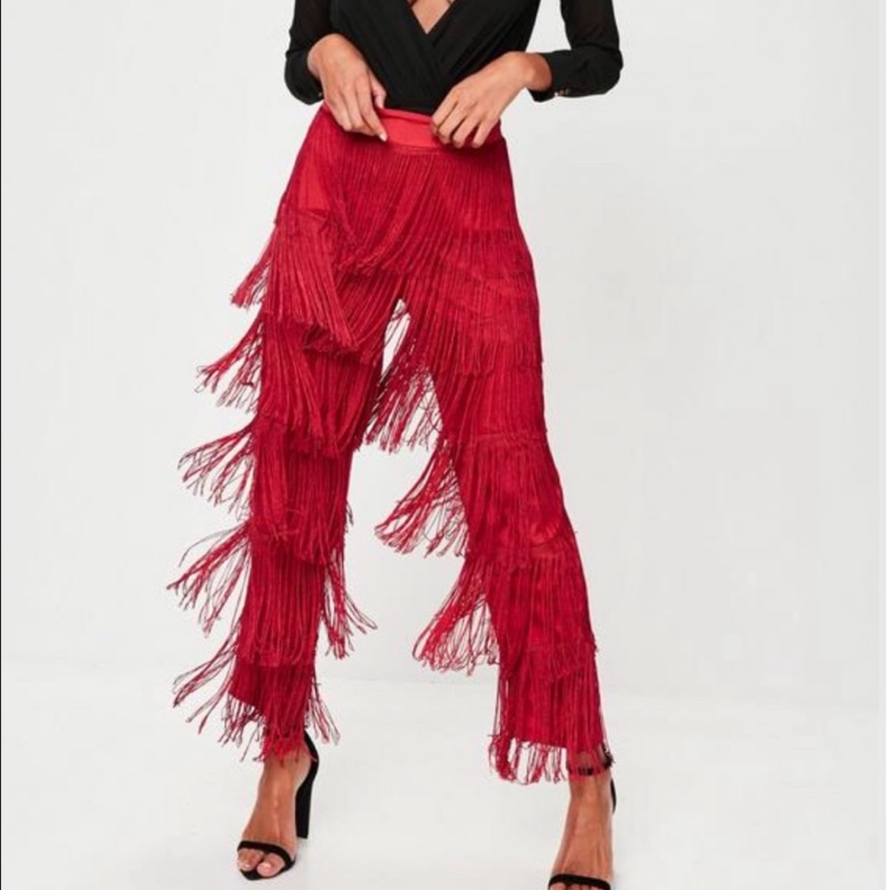 Missguided Red Fringe Pants Size 10